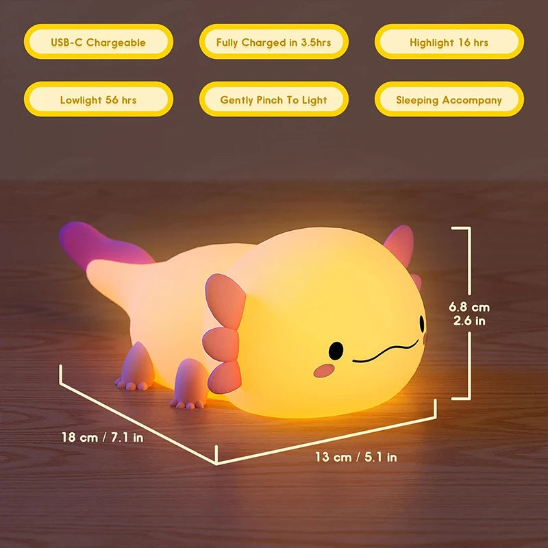 Cute Axolotl Night Light Silicone Nursery Sleeping Lamp Touch Control Nightlights USB Rechargeable Table Lamp for Baby Child